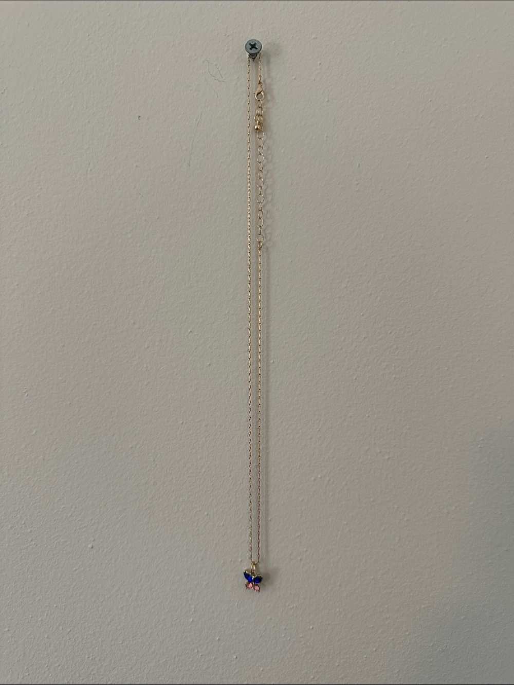 Gold Chain Necklace with Blue and Pink Butterfly Pendant
